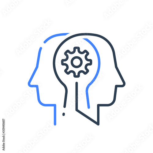 Human head profile and cogwheel line icon, cognitive psychology or psychiatry concept, brain training