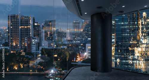 Canvas Print Empty loft unfurnished modern interior office with city skyline and buildings city from glass window