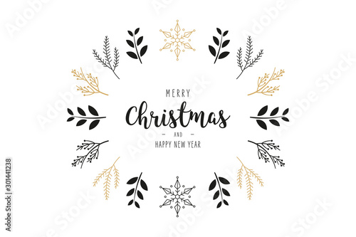 Merry Christmas modern elegant card with greetings golden and black fir pine branches circle on white background