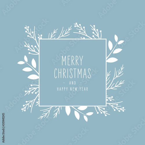 Merry Christmas modern elegant card with frame banner greetings white fir pine branches on blue ice background