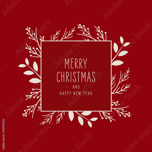 Merry Christmas modern elegant card with frame banner greetings white fir pine branches on red background