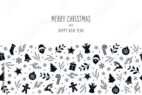 Christmas icon elements border card with greeting text seamless pattern isolated background.