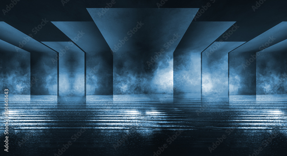 Background of empty stage show. Neon light and laser show. Laser futuristic shapes on a dark background. Abstract dark background with neon glow. - obrazy, fototapety, plakaty 