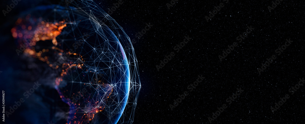 Communication technology for internet business. Global world network and telecommunication on earth cryptocurrency and blockchain and IoT. Elements of this image furnished by NASA