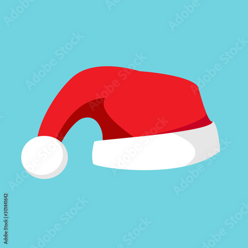 Red warm Santa Claus hat with white round pompom isolated on a blue background. Vector flat cartoon illustration.