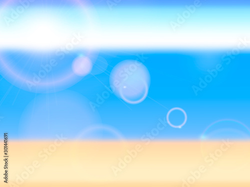 Blurred background with sea beach and sunny rays. Vector illustration for poster