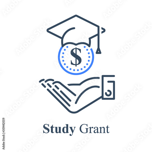 Human hand and graduation cap, study grant, scholarship concept, financial help
