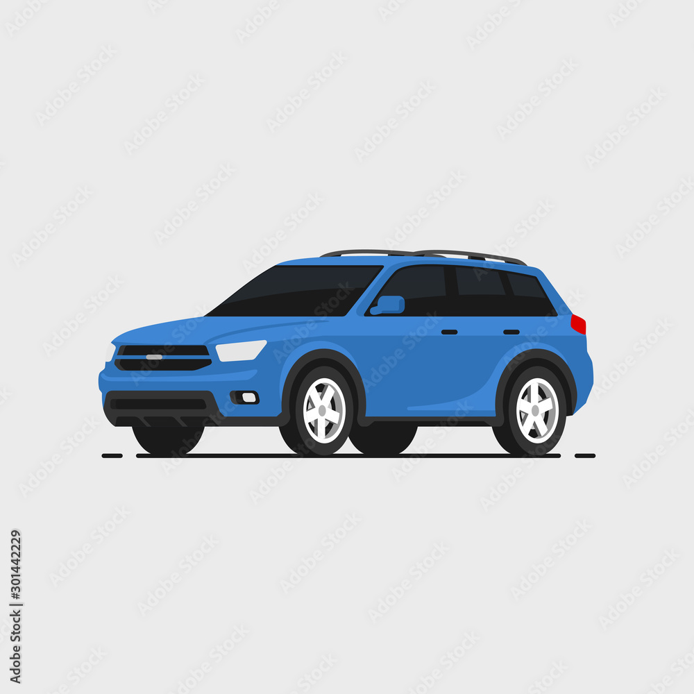 Car suv vector illustrayion in flat style. Auto side view. Blue automobile isolated.