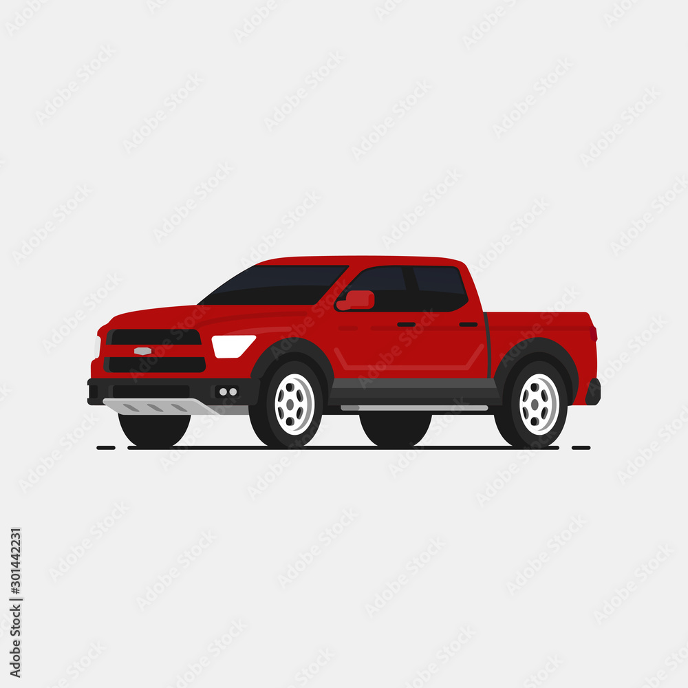 American pickup vector illustrayion in flat style. Red truck isolated. Auto side view. - obrazy, fototapety, plakaty 