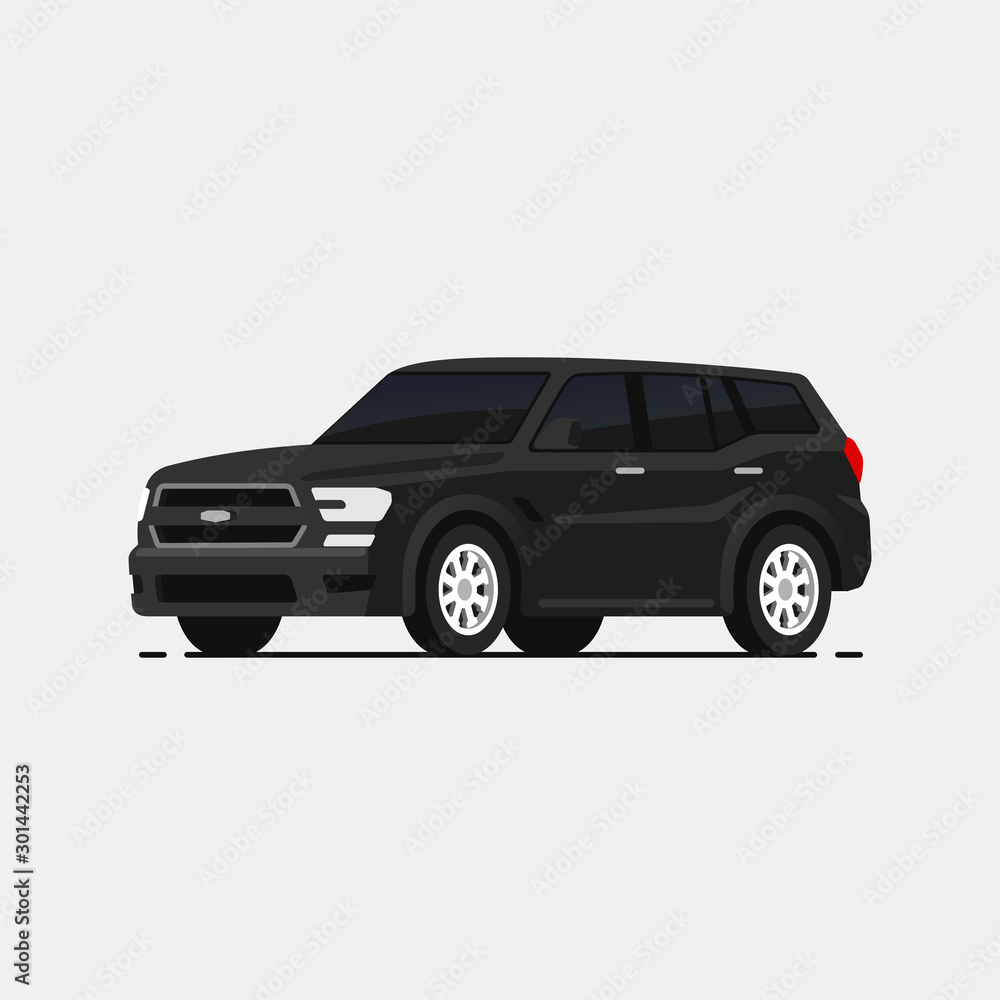 Car suv vector illustrayion in flat style. Isolated auto side view. Black luxury automobile.