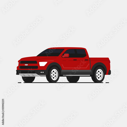 American pickup vector illustrayion in flat style. Red truck isolated. Auto side view.