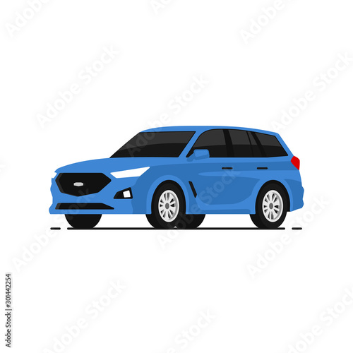 Car suv vector illustrayion in flat style. Auto side view. Blue automobile isolated.