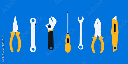 Vector tools for repair isolated on blue background.