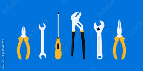 Vector tools collection for repair isolated on blue background.