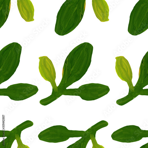Hand drawn green leaves. White background. Autumn, spring and summer. Watercolor and gouache. Botanical sketch. Seamless pattern. For postcards, wallpaper, scrapbooking, wrapping paper and textile