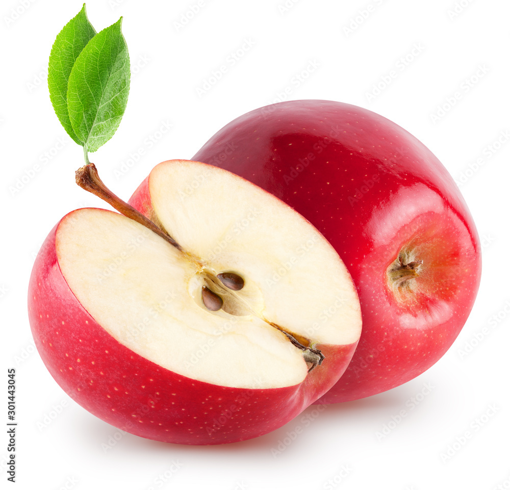 Isolated apples. Whole red, pink apple fruit with slice isolated on white  with clipping path Stock Photo