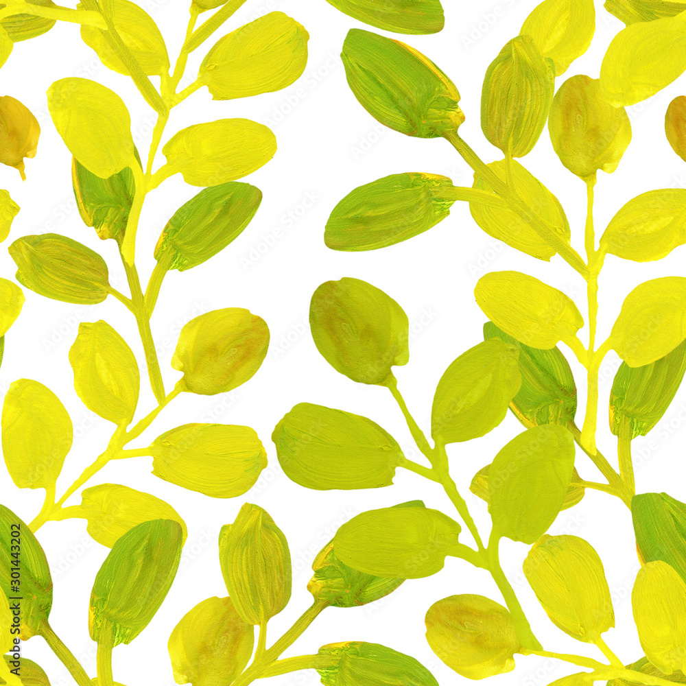 Naklejka premium summer yellow green leaves branch gouache drawing seamless pattern