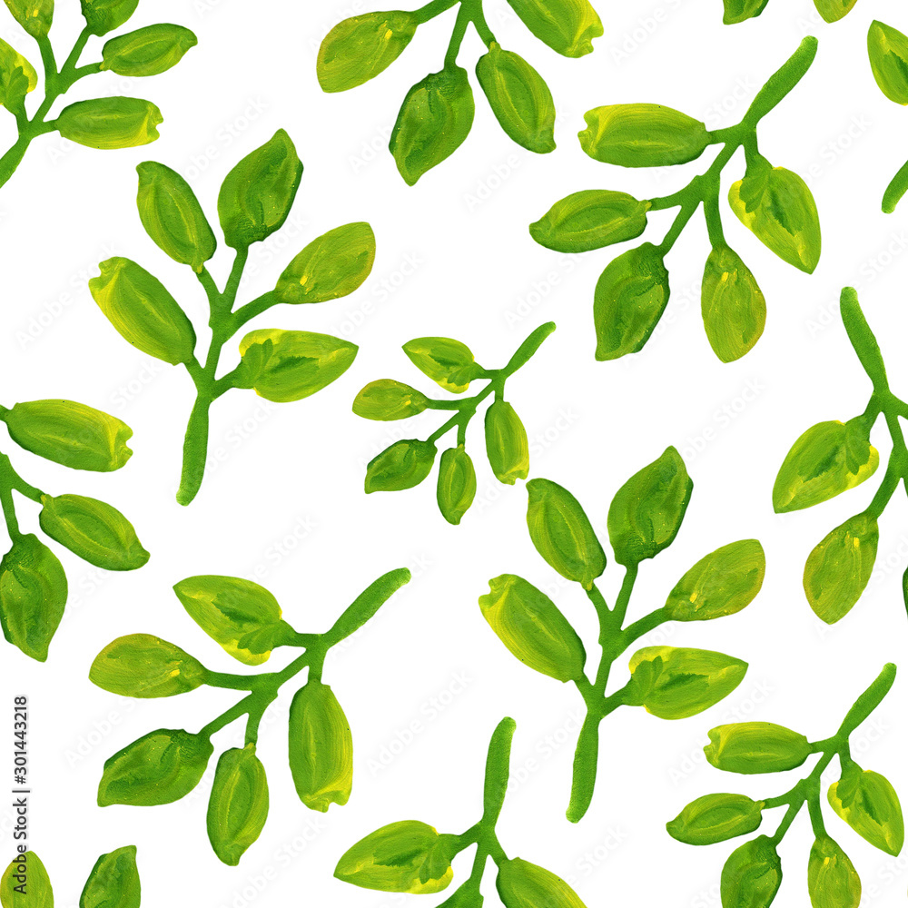 Hand drawn green leaves. White background. Autumn, spring and summer. Watercolor and gouache. Botanical sketch. Seamless pattern. For postcards, wallpaper, scrapbooking, wrapping paper and textile