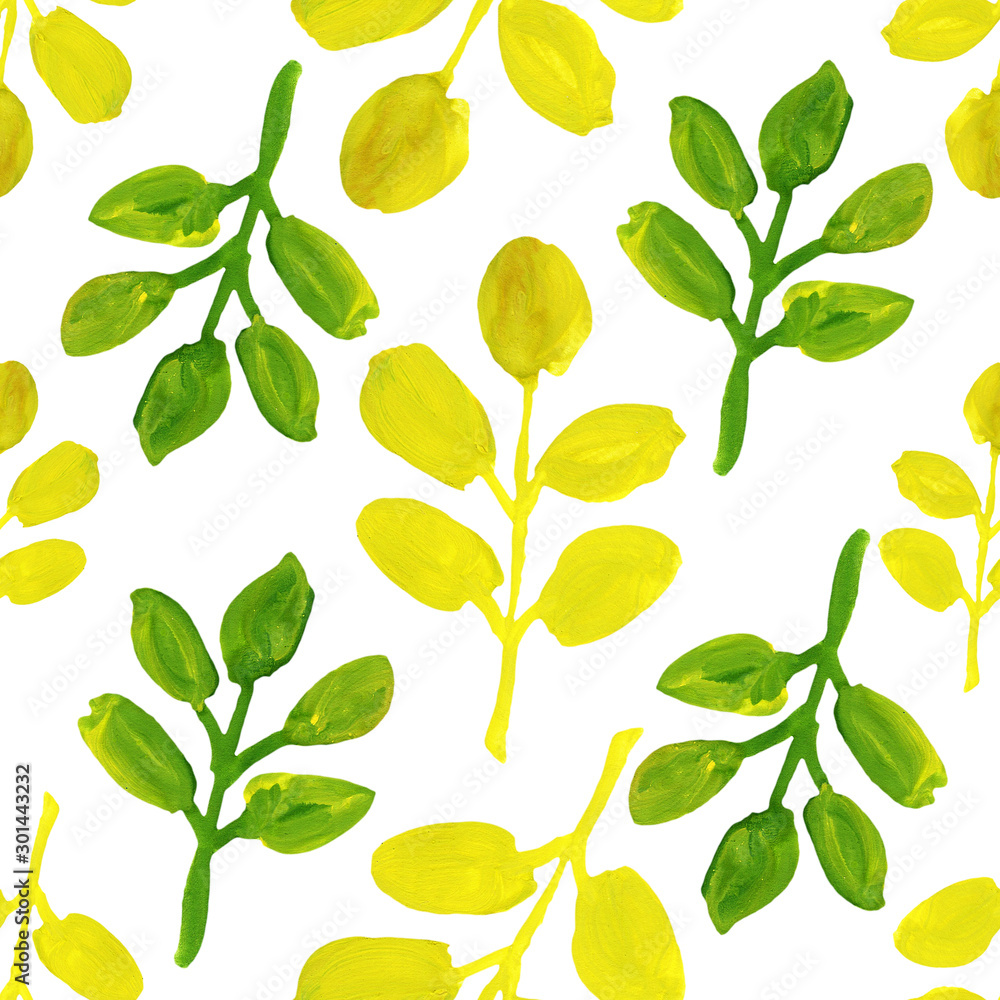 Obraz premium summer yellow green leaves branch gouache drawing seamless pattern