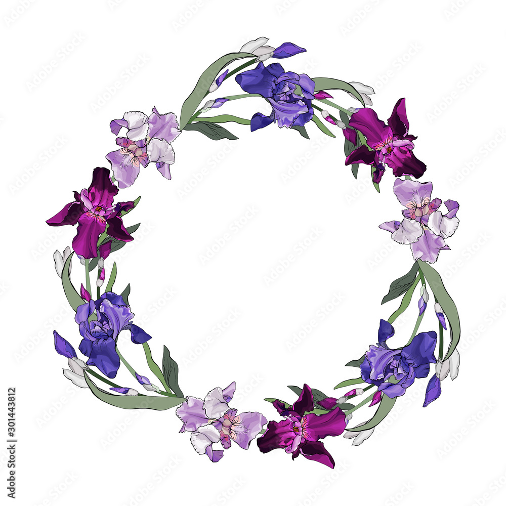 Floral round frame of colorful flowers irises and green leaves. Isolated on a white background. Place for text. Wreath for your design, greeting cards, invitation. Vector stock illustration.
