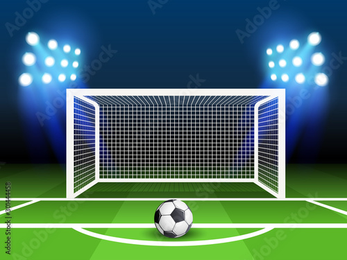 Soccer football championship vector background with sports ball and goals. Penalty kick concept. Gate soccer and ball on stadium illustration