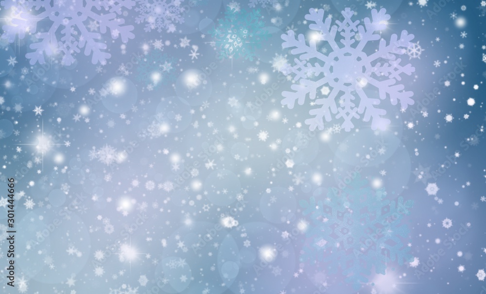 Blue abstract background with snowflakes and bokeh starts light  blurred for Christmas new year.