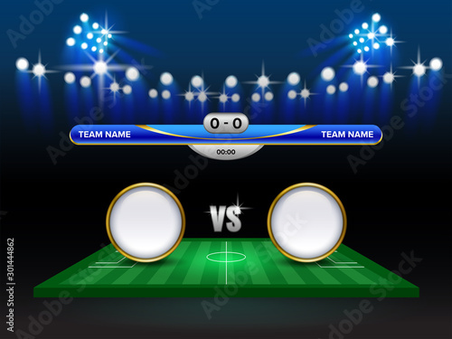 Football cup or World championship sport event, Soccer mock-up and scoreboard match vs strategy broadcast graphic template, For presentation score or game results.