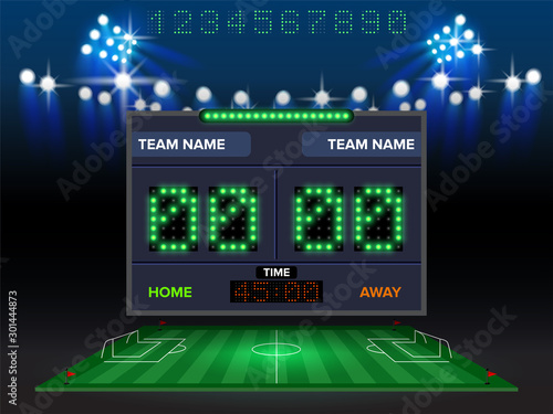 Stadium electronic sports scoreboard with soccer time and football match result display vector illustration.