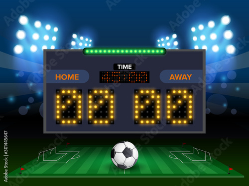 Stadium electronic sports scoreboard with soccer time and football match result display vector illustration.