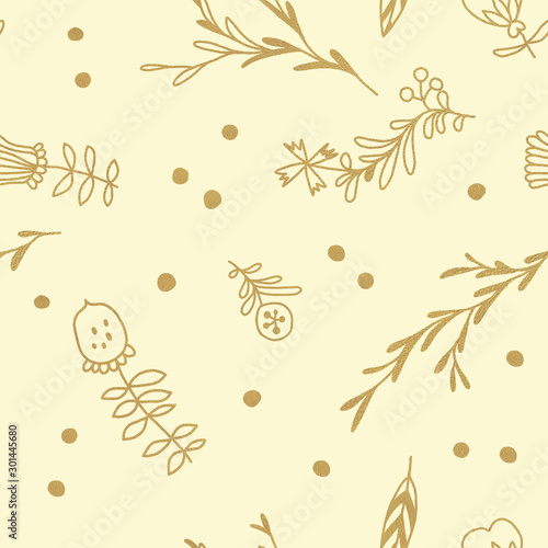 Golden flowers seamless pattern on trendy vanilla background with traditional Czech folk art ornaments for Christmas invitation, postcard xmas, spring banner, fabric print and web design.