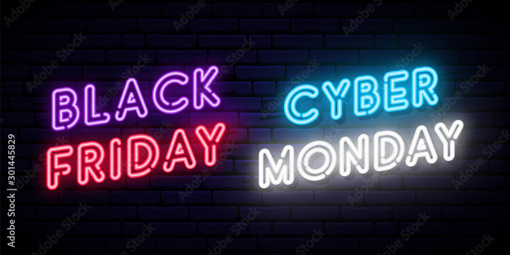 Set of Black Friday and Cyber Monday neon designs. Concept vector template for promo and discount advertising. Web and social media banner. Set of Black Friday and Cyber Monday neon designs. Concept vector template for promo and discount advertising. Web and social media banner.