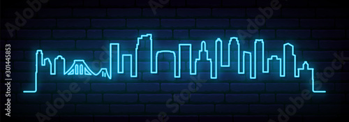 Blue neon skyline of Brooklyn, New York City. Bright Brooklyn, NYC long banner. Vector illustration.