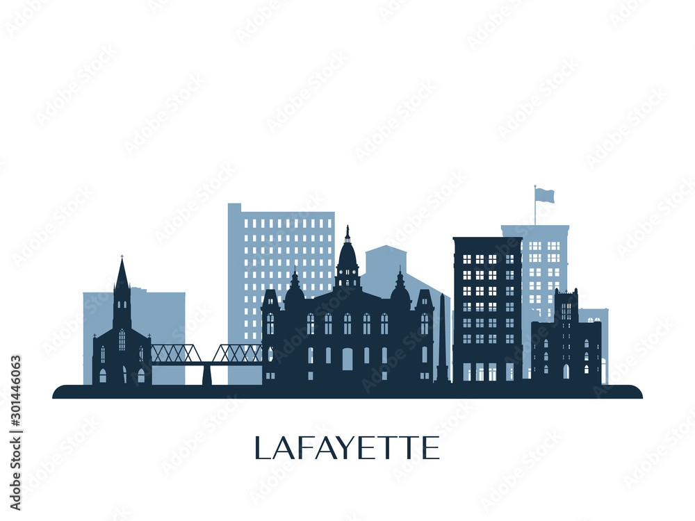 Lafayette skyline, monochrome silhouette. Vector illustration.