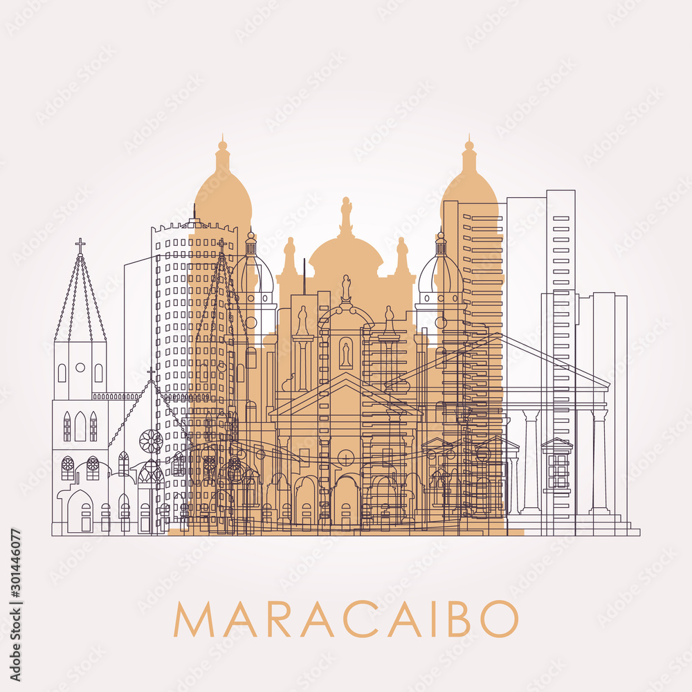Outline Maracaibo skyline with landmarks. Vector illustration. Business travel and tourism concept with historic buildings. Image for presentation, banner, placard and web site.