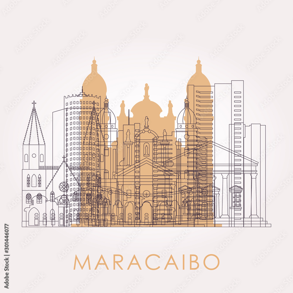 Outline Maracaibo skyline with landmarks. Vector illustration. Business travel and tourism concept with historic buildings. Image for presentation, banner, placard and web site. Outline Maracaibo skyline with landmarks. Vector illustration. Business travel and tourism concept with historic buildings. Image for presentation, banner, placard and web site.