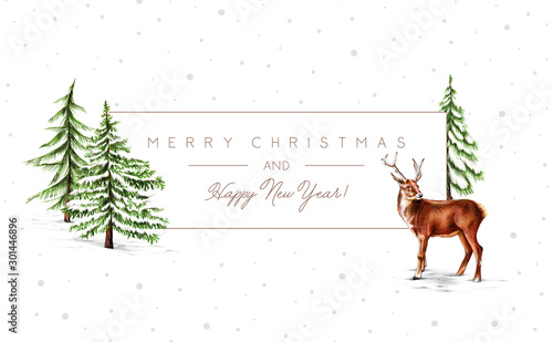Christmas Card with deer on Winter Forest background © turcanlena