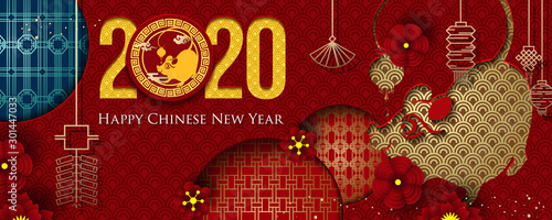 2020 Chinese New Year Greeting Card. Year of the Rat. Chinese New-Year. Paper cut with Rat and Flowers. gong xi fa cai 2020. Hieroglyph - Zodiac Sign Rat. Place for your Text.