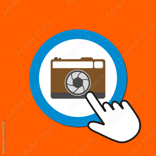 Retro photocamera icon. Making photo concept. Hand Mouse Cursor Clicks the Button.