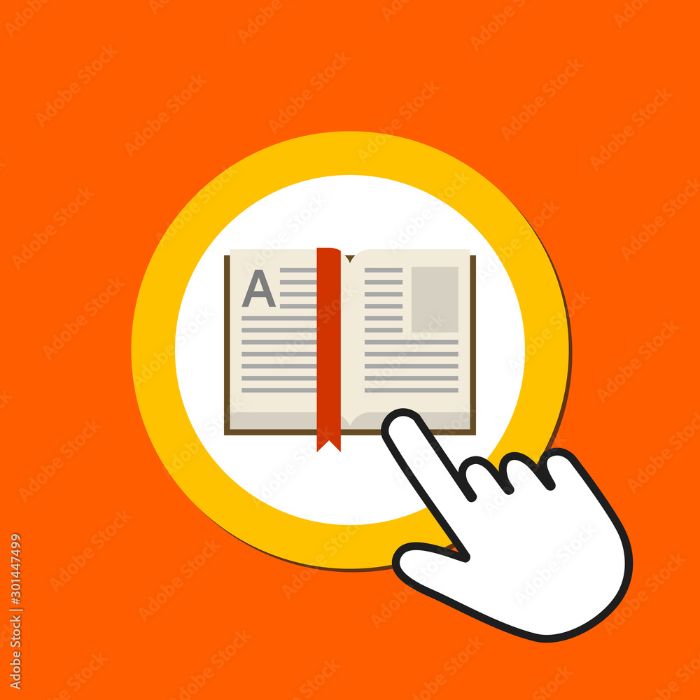 Open book icon. Reading, library concept. Hand Mouse Cursor Clicks the  Button. Stock-Vektorgrafik | Adobe Stock