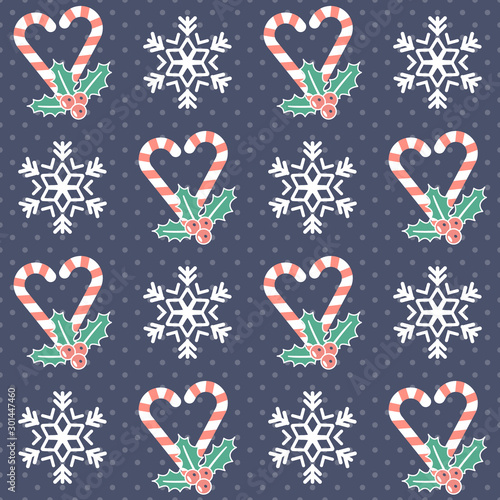 Christmas pattern. Seamless vector illustration with candy canes, mistletoe and snowflake