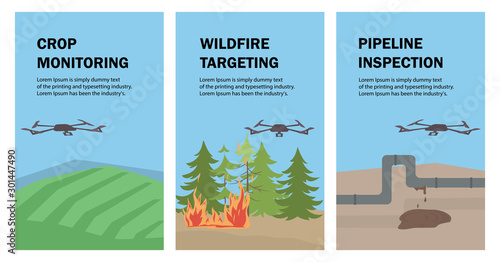 Set of vector posters with drones. The drone monitors and checks crops, agricultural land, forest fires, and the leakage of oil and gas pipelines. Aerial Drone taking photography and video.