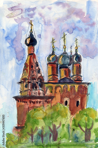 Hand drawn watercolor urban sketch. Historical building. Religious architecture. Russian Orthodox church or cathedral. Culture and religion. Green trees. Blue and violet sun set sky. Park or garden