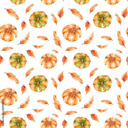 Thanksgiving watercolor pattern with orange pumpkin top view for flat. Hand drawn isolated on a brown background.