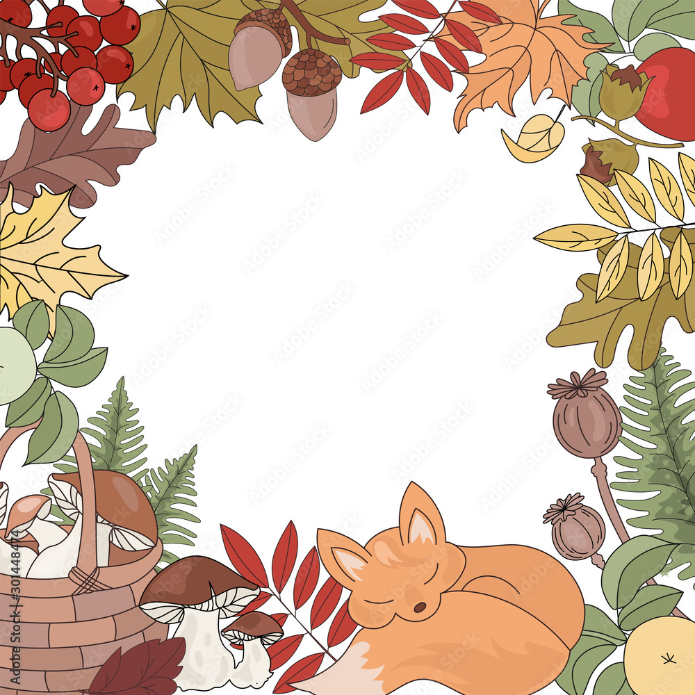 AUTUMN FOX Forest Animal Border Fall Season Nature Vector Illustration Set  for Print Fabric and Design Stock Vector | Adobe Stock