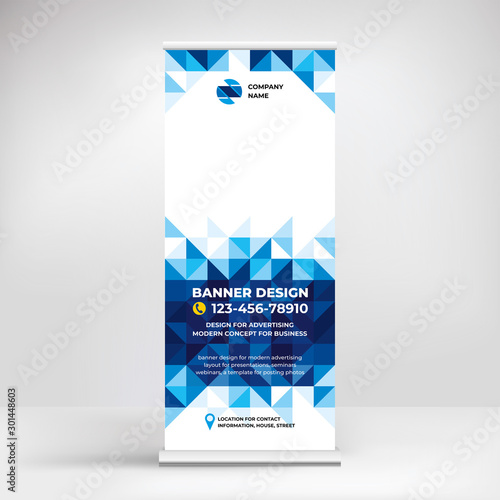 Banner design, roll-up stand for advertising, conferences, seminars, poster template for placing photos and text. Creative geometric background for presentation	
