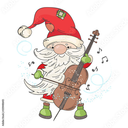 CELLO SANTA Merry Christmas and New Year Musician Holiday Vector Illustration Set for Print Fabric and Decoration