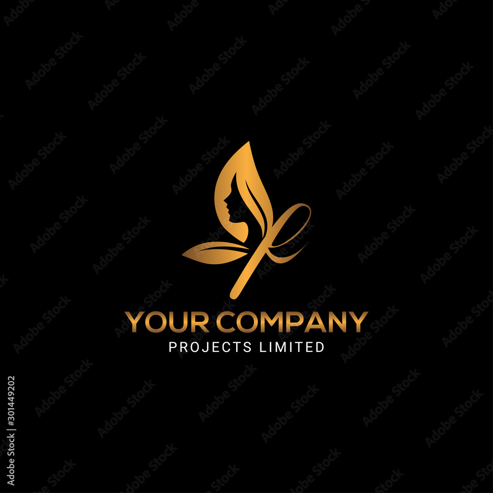 Woman face golden butterfly logo design Woman face golden butterfly logo design