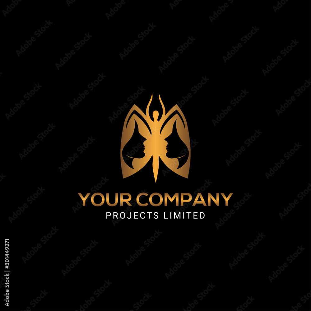 Woman face golden butterfly logo design Woman face golden butterfly logo design