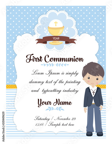 My first communion boy. Invitation design for a boy communion