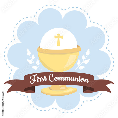 Chalice of First Communion with banner in light blue, brown and yellow for boy